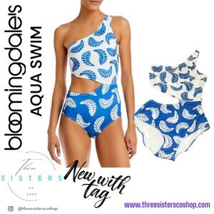 Aqua x Studio 189 Blue and White One-Shoulder Monokini  cutout paisley swimsuit